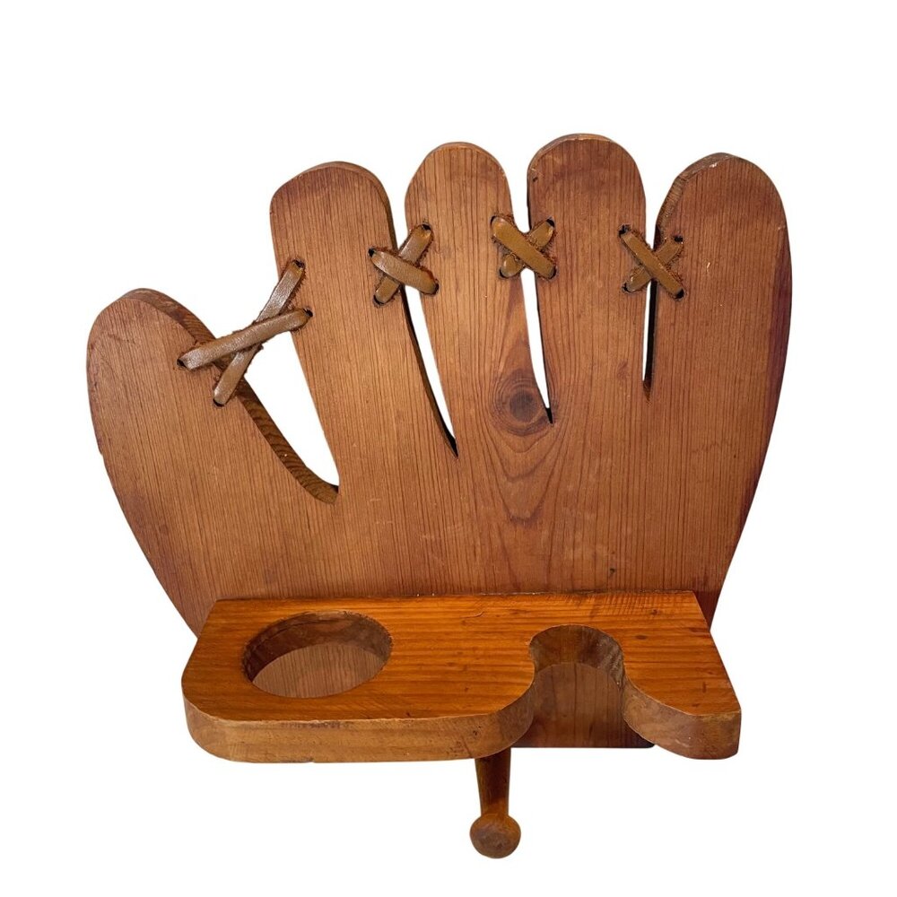 Vintage Wooden Baseball Glove Wall Shelf & Holder With Peg For Cap Or Accessorie